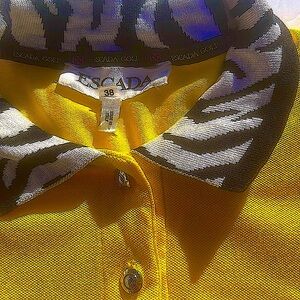 Yellow Escada Golf Polo. Wild Zebra Print Collar & Cuffs.